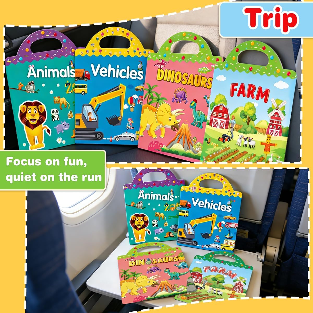 FUNCLASS 4 Pack Reusable Sticker Books for Toddlers 3,Toddler Sticker Books for Travel,Quiet Sticker Books for Kids,Kids Jelly Sticker Books with Animal,Dinosaur,Vehicles,Farm,Toddler Birthday Gifts