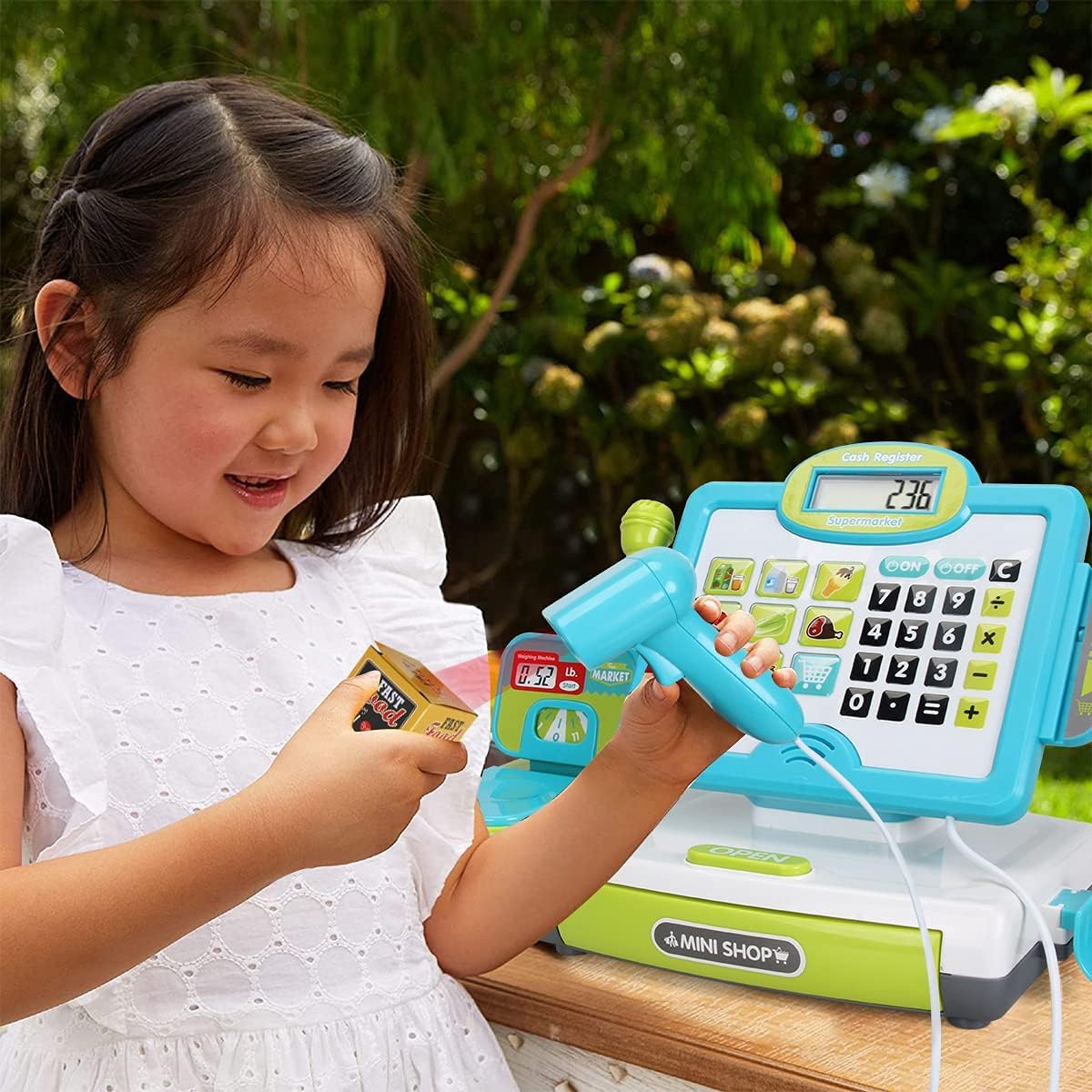 FS Pretend Play Cash Register Toy with True Barcode Scanner & Calculator, Microphone, Play Food, Supermarket Cashier, Great Pre-School Gift Cash Register for Kids Boys & Girls, Ages 3 4 5 6 8