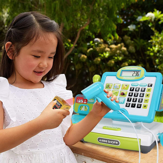 FS Pretend Play Cash Register Toy with True Barcode Scanner & Calculator, Microphone, Play Food, Supermarket Cashier, Great Pre-School Gift Cash Register for Kids Boys & Girls, Ages 3 4 5 6 8