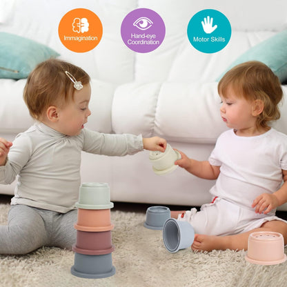 Baby Stacking Cups, Montessori Bath Toy for Toddlers 1-3, 8PCS Stackable Cups with Number Nesting Cups for Babies 6-12 Months, Early Educational Bath Outdoor Sensory Gift for 2-4 Years Old Boys Girls