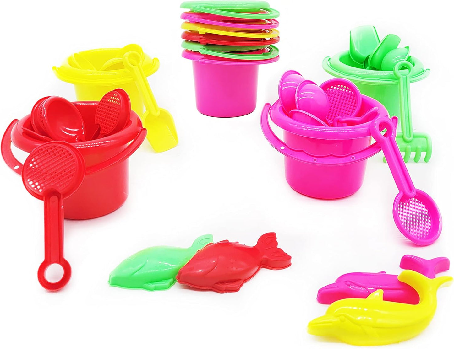 The Dreidel Company Mini Beach Day Playsets (Pack of 6) 3.25" Sand Bucket Play Set Box Includes, Pail, Shovel, Rake, Sifter Scoop, Dolphin Fish Sand Trays Toy for Boys and Girls Birthday Party Favor