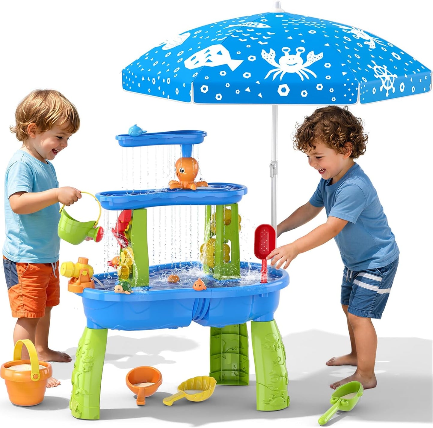 Wee Wonders 3-Tier Water Table for Toddlers, Kids Sand Water Table with Adjustable Umbrella, Sand Toys & Fishing Game, Sensory Table Activity Playset for Outdoor Beach, Summer Toys for Girls Boys 3-5