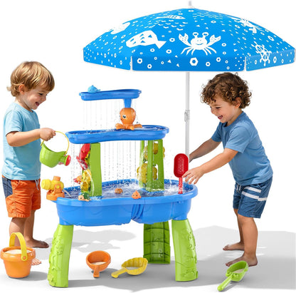 Wee Wonders 3-Tier Water Table for Toddlers, Kids Sand Water Table with Adjustable Umbrella, Sand Toys & Fishing Game, Sensory Table Activity Playset for Outdoor Beach, Summer Toys for Girls Boys 3-5