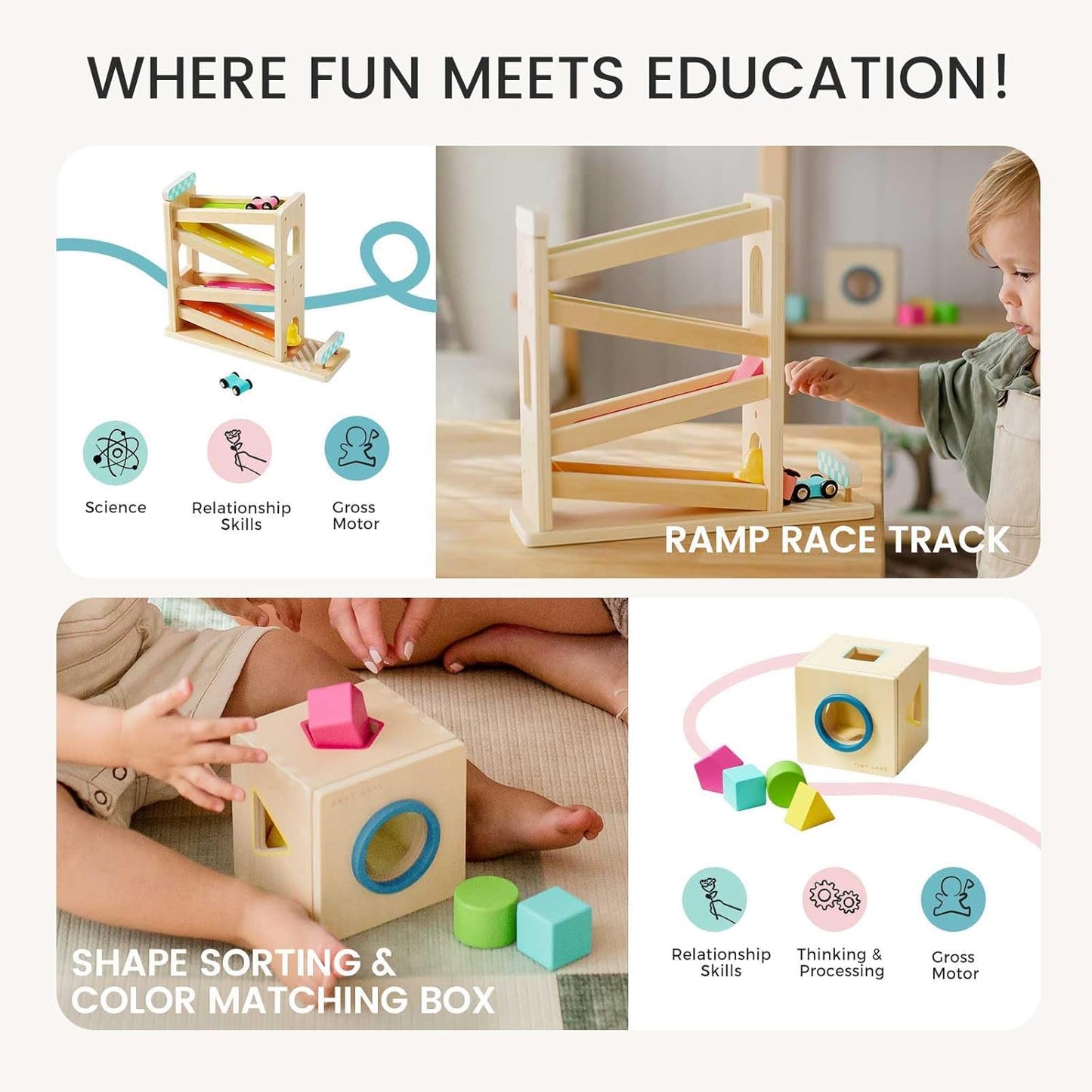 Tiny Land Montessori Toy Set for Babies 7-9 Months Senser Play Kit - 5-in-1 Wooden Learning Toys with Object Permanence Box, Sensory Ball, Stacking Cups and Mirror Puzzle,Body Board Book