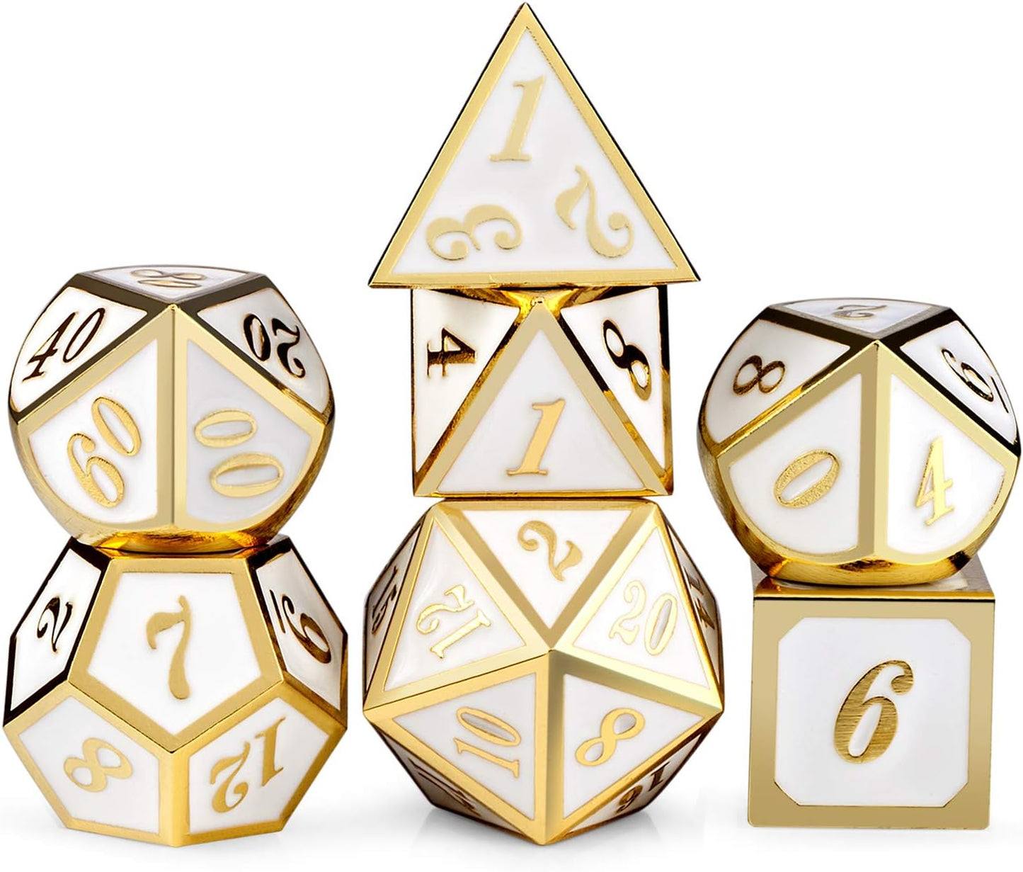 DnDnD Heavy Polyhedral Metal Dice Set with Metal Box, 7-die Shiny Blue Surface with Golden Number for RPG,Dungeons and Dragons,Pathfinder,Shadowrun,D&D,Role Palying Game and Math Teaching - Colors A