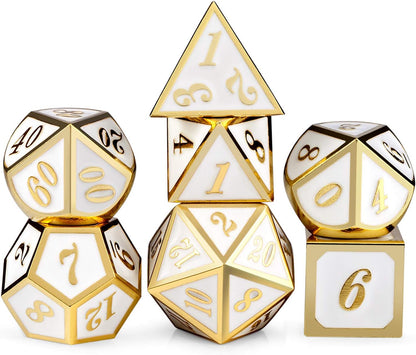 DnDnD Heavy Polyhedral Metal Dice Set with Metal Box, 7-die Shiny Blue Surface with Golden Number for RPG,Dungeons and Dragons,Pathfinder,Shadowrun,D&D,Role Palying Game and Math Teaching - Colors A