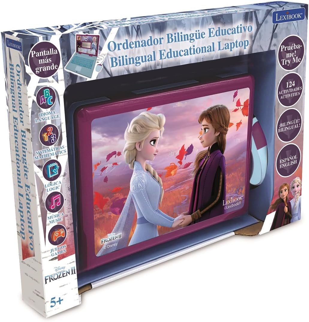 LEXiBOOK Disney Frozen 2 - Educational and Bilingual Laptop Spanish/English - Girls Toy with 124 Activities to Learn, Play Games and Music with Elsa & Anna - Blue/Purple, JC598FZi2
