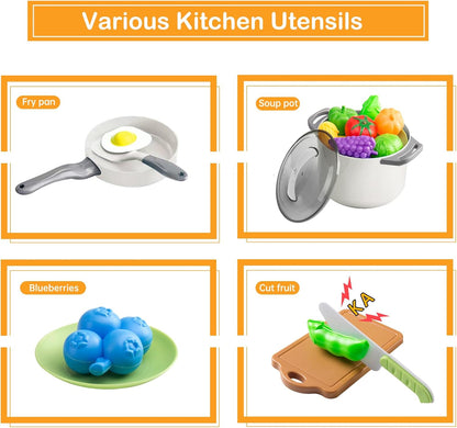 150Pcs Kitchen Playset, Toddlers Pretend Cooking Cookware Accessories, Food, Picnic Blanket, Fruits, Veges, 2Pack Shopping Storage Basket, Dessert and Prop Money, Gift for Kids (Pink)