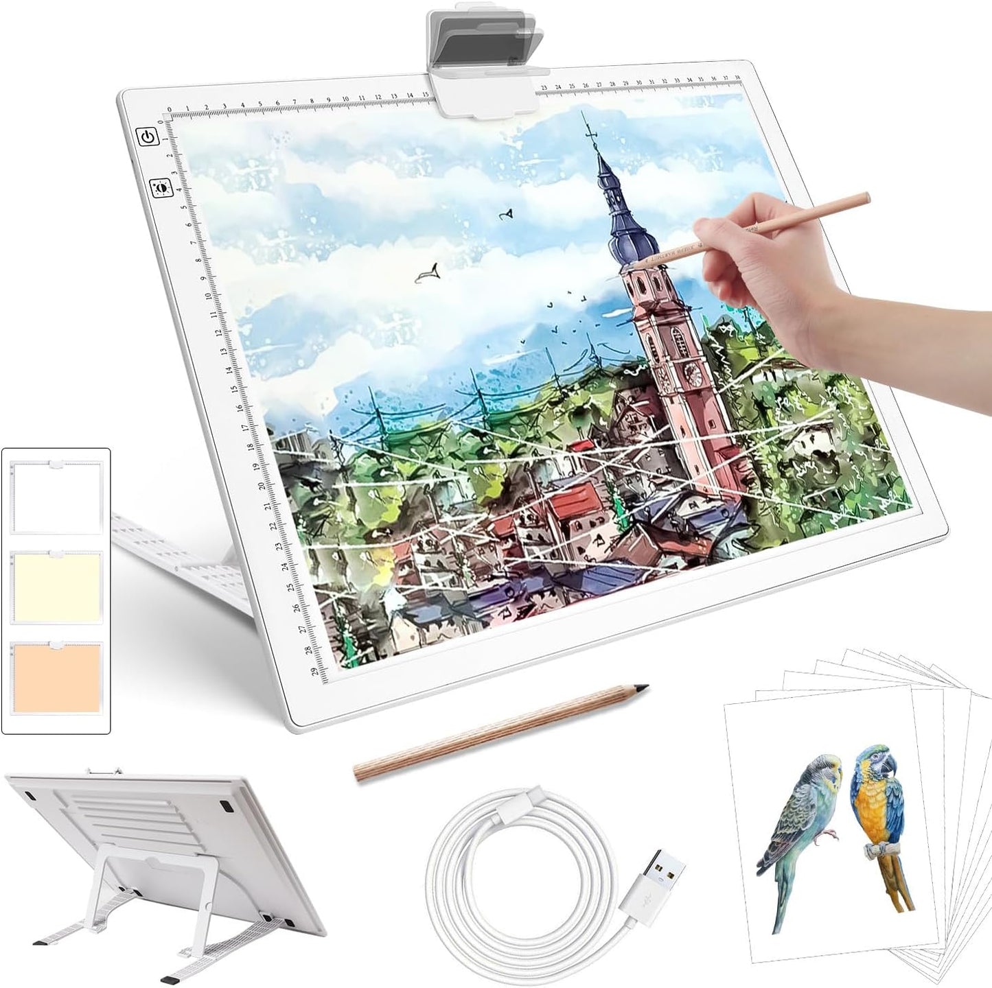 Rechargeable A3 Light Pad for Diamond Painting,Tracing Light Box with Stand and Clip,3 Colors Stepless Dimmable and 6 Levels of Brightness Light Board for Artists,Drawing,Sketching,Animation
