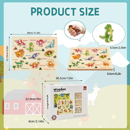 Wooden Peg Puzzle for Toddlers 2-4, 5 Pack Montessori Toys Learning Educational Puzzles for Kids Girls Boys 2 3 4 Yesrs Old with Dinosaurs Farm Animal Number