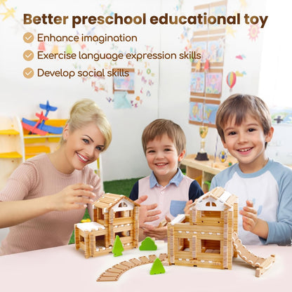Jovi-mindly＆Notchies 96 PCS Wooden Blocks Wooden Toys with Storage Bag, Preschool Learning Toys Wood Blocks Building for Kids Ages 4-8 Creative Construction Game,FSC Certified,Birthday Toys Gifts