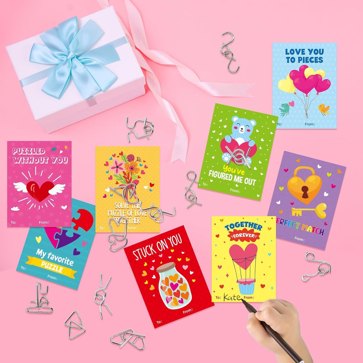 Fancy Land 24 Pack Valentines Gifts for Kids Classroom Metal Puzzles Brain Teasers Kids Valentines Day Cards for School Exchange Gifts Party Favors