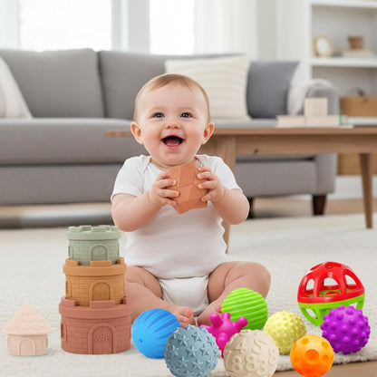 Montessori Sensory Toys Bundle: 8PCS Stacking Cups & Castle Nesting Blocks + Hand-Catching Sensory Balls & Baby Rattle, Textured Teether & Bath Toys for Babies 3–6M & Toddlers 1–3