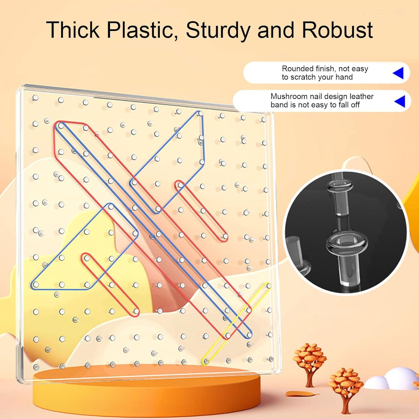 Pssopp Plastic Double Sided Geometry Board, Educational Development 80 Pins Design Multifunctional Rubber Band Peg Board for Kids Students Classroom