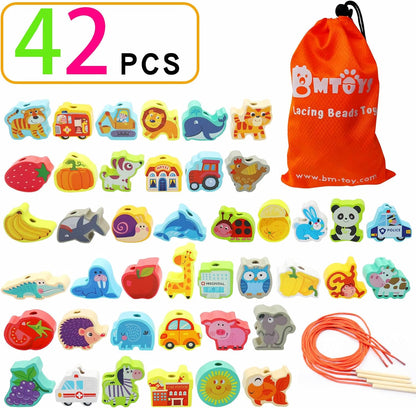BMTOYS Montessori Educational Threading Toys Wooden Stringing Farm Animals Fruits Lacing Beads Preschool Toy for Toddler 3 4 5 Year Old Boys Girls