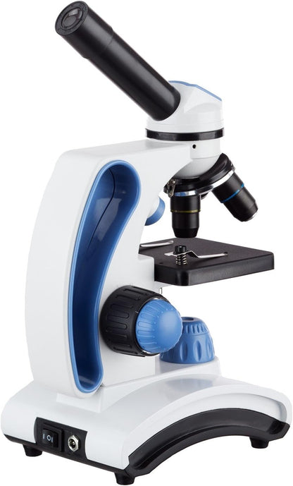 AmScope M162C-2L-PB10-WM"Awarded 2018 Best Students and Kids Microscope Kit" - 40X-1000X Dual Light All Metal Microscope with Slides and Microscope Book, Blue