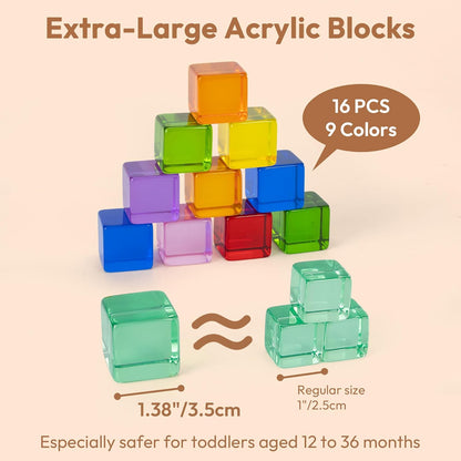 Woodtoe Large Building Blocks for Toddlers, Montessori Toys for 1 2 3 Year Old Boy Girl, No Choking Hazard Toys for Age 2-4 Kids Baby, Rainbow Acrylic Block Set, Sensory Birthday Toy Gifts for Kid