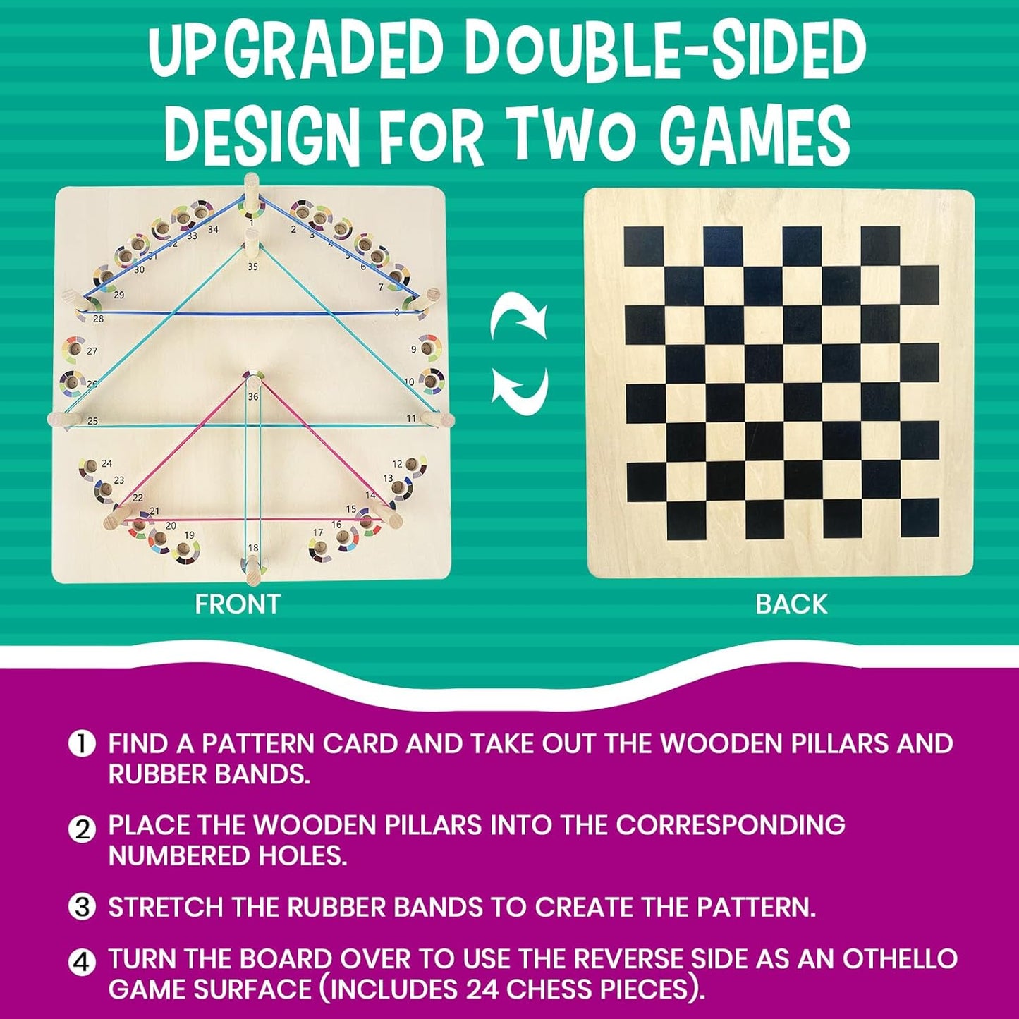 Upgraded Wooden Geoboard with Othello Board Set – Dual-Purpose Creative Pattern Board with Rubber Bands and Cards, Family Puzzle & Strategy Game