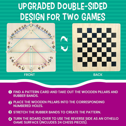 Upgraded Wooden Geoboard with Othello Board Set – Dual-Purpose Creative Pattern Board with Rubber Bands and Cards, Family Puzzle & Strategy Game