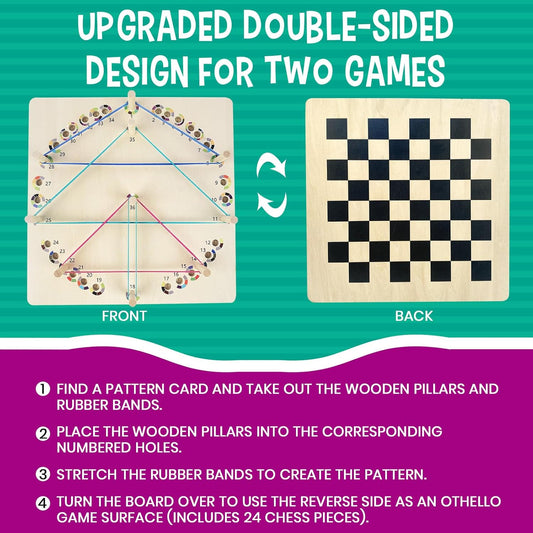 Upgraded Wooden Geoboard with Othello Board Set – Dual-Purpose Creative Pattern Board with Rubber Bands and Cards, Family Puzzle & Strategy Game