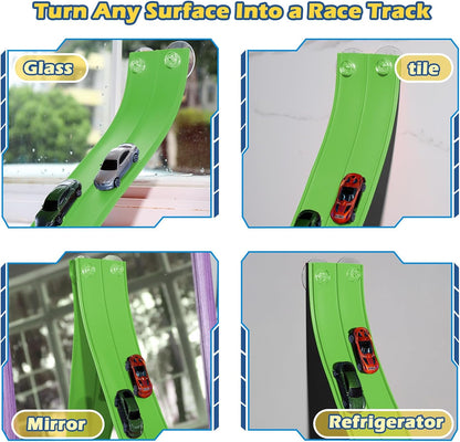 Flex Tracks 15 Ft Starter Set Flexible Race Track for Kids 3+, Flexible Car Track Race Car Ramp Track Compatible with Diecast 1/64th Cars, Portable Rolls Up Race Tracks with Strong Suction Cups