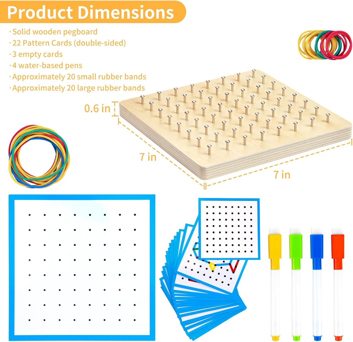 HEELWIRE Wooden Geoboard,Montessori Toy,Graphical Mathematical Education Toy for Kids with Pattern Cards and Rubber Bands to Figures and Shapes, Brain Teaser STEM Toy Geo Board (6 * 6 * 0.6 in)