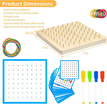 HEELWIRE Wooden Geoboard,Montessori Toy,Graphical Mathematical Education Toy for Kids with Pattern Cards and Rubber Bands to Figures and Shapes, Brain Teaser STEM Toy Geo Board (6 * 6 * 0.6 in)