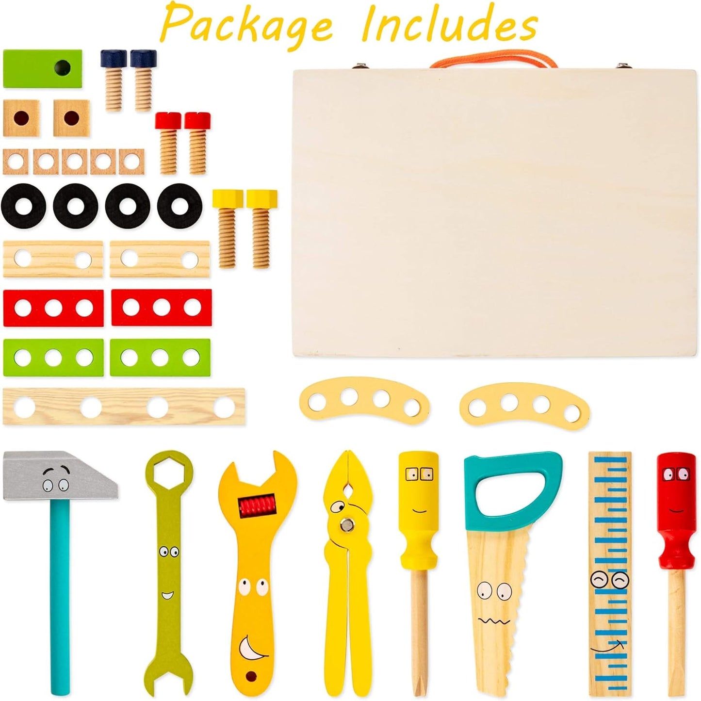 WOOOMAM Kids Tool Set, 90 PCS Wooden Toddler Tool Set with Box and Flash Cards, Tool Kit for Kids Age 3-5 Years, Toddler Boy Toys, FSC Certified Material