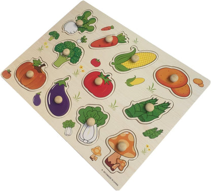 Home Learning Preschool Early Educational Development Colorful Fruit and Vegetables Wooden Peg Puzzle Jigsaw Bundle Shape Toys and Games for Age 3-7 Years Old Child Children Boys Girls