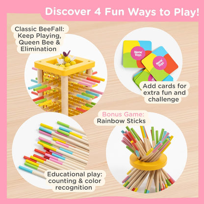 Nene Toys BeeFall Jumbo, 4-in-1 Wooden Honey Bee Toy for Kids Ages 3-9 - Educational Game with Wooden Honeybee Hive, 12 Bees, Colorful Sticks, Dice & Cards - Fun Family Game for Cognitive Development