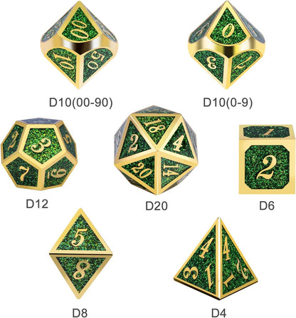 DnDnD Heavy Polyhedral Metal Dice Set with Metal Box, 7-die Shiny Blue Surface with Golden Number for RPG,Dungeons and Dragons,Pathfinder,Shadowrun,D&D,Role Palying Game and Math Teaching - Colors B