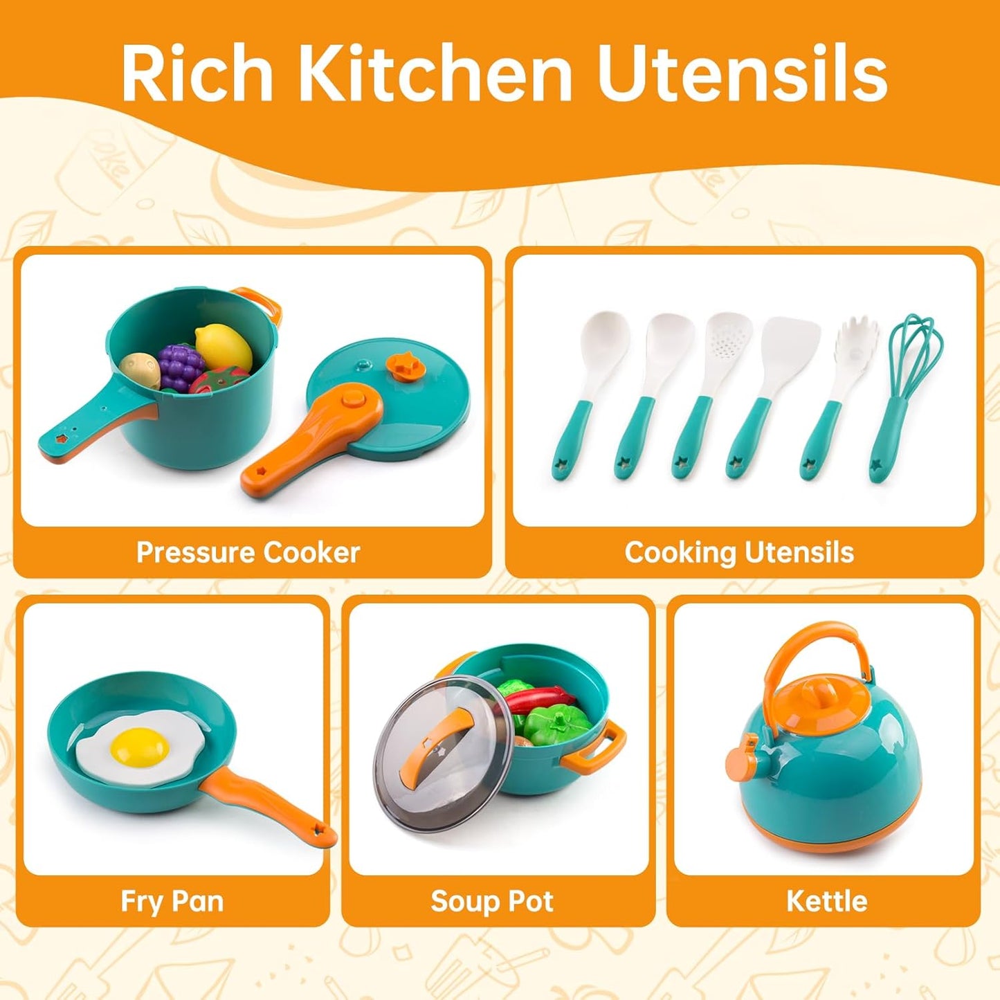 60Pcs Kids Mini Play Kitchen Accessories, Pretend Cooking Play Set with Cookware, Tableware & Fruit & BBQ Sets, Learning Gift for Boys, Girls, Toddlers,Yellow