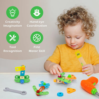 Kids Tool Set with Electric Drill, 55 Pcs Toddler Tool Set Incl Tool Box, Wooden Montessori Educational Construction Toy for Age 3+ Years Old Boys Girls Birthday Gift