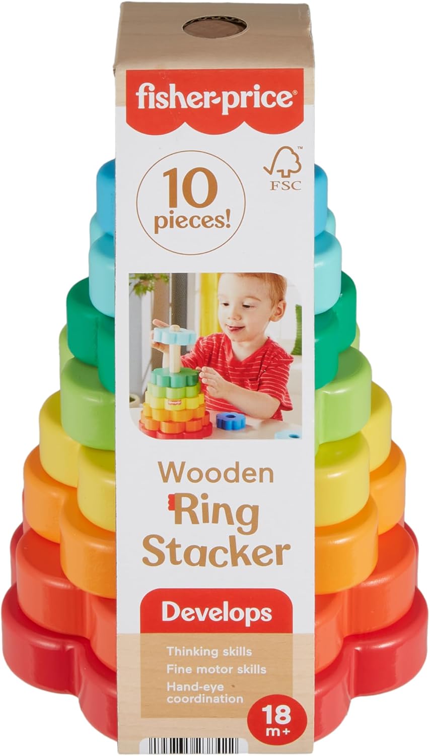 Fisher-Price Wood Toddler Toy Ring Stacker, 10-Piece Wooden Stacking Activity for Fine Motor Skills Play Kids Ages 18+ Months