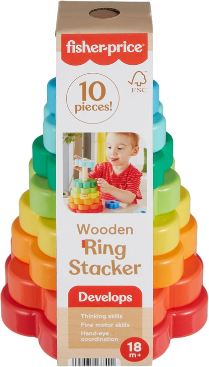 Fisher-Price Wood Toddler Toy Ring Stacker, 10-Piece Wooden Stacking Activity for Fine Motor Skills Play Kids Ages 18+ Months