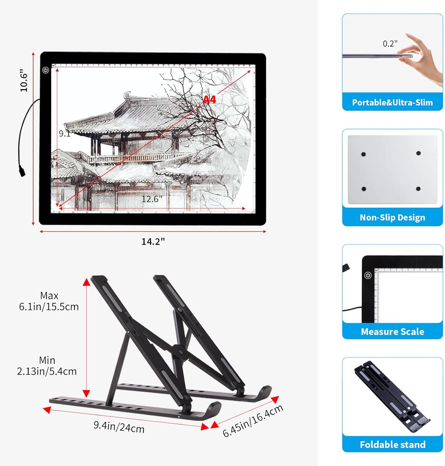 A3 Light Pad for Diamond Painting - Tracing Light Box with Stand, Stepless Dimmable 3 Levels Brightness Light Board, Ultra-Thin LED Light Pad for Weeding Vinyl, Drawing, Diamond Painting, Sketching