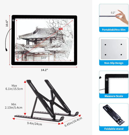 A3 Light Pad for Diamond Painting - Tracing Light Box with Stand, Stepless Dimmable 3 Levels Brightness Light Board, Ultra-Thin LED Light Pad for Weeding Vinyl, Drawing, Diamond Painting, Sketching