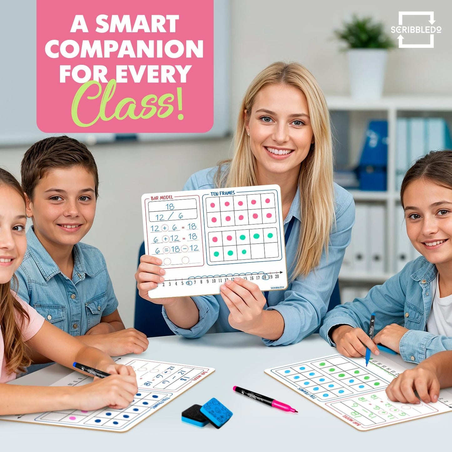 SCRIBBLEDO Bar Model, Ten Frame & Number Line 9x12 Double-Sided Dry Erase Math Manipulatives Board 1–120 Number Chart Reusable Whiteboard for Teacher Classroom Homeschool & Early Math Practice