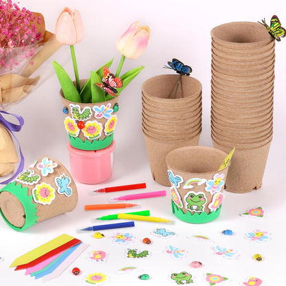 60 Pack Garden Paper Pot Craft Kit Flower Plant Spring Summer Craft with 50 Adhesive Foam Stickers 60 Paper Mache Pots Label Pens, Flower Planting Growing Kit Science Garden Gift for Mother Day