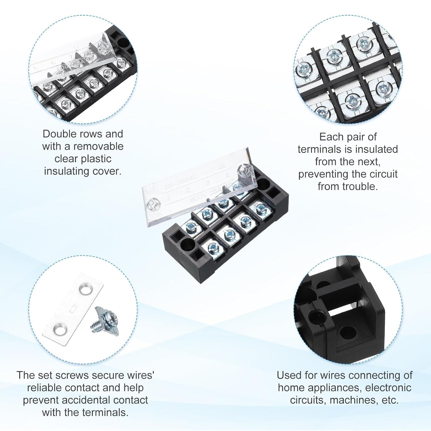 uxcell 10 Pcs Barrier Terminal Strip Block 600V 25A Dual Rows 8 Positions Rail Base Screw Connector(The Shell is Made of Flame Retardant and Heat Resistant Material)