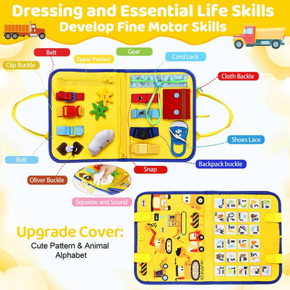 Esjay Toddler Busy Board Montessori Toys for Boys Girls, Sensory Book Educational Activities for Learning Fine Motor Skills, Birthday Gifts for Toddlers, Travel Toys for Airplane Car, White Dinosaur