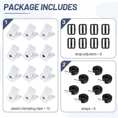 Solar Cover Reel Attachment Kit, Pool Cover Reel Straps and Clips for Inground Swimming Pool - Including 12 Cord Plates, 8 Adhesive Nylon Straps & Tabs, 8 Buckles