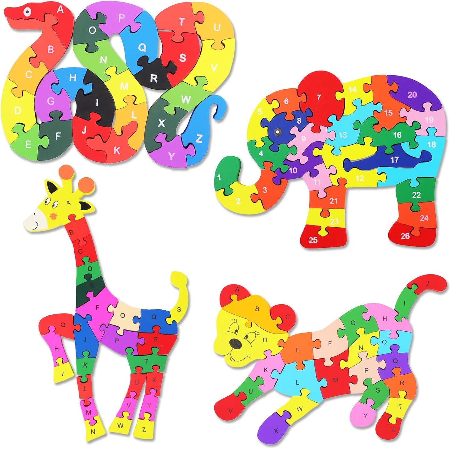 Yunsailing 4 Pcs Alphabet Jigsaw Puzzle Wooden Blocks Toys Alphabet Educational Toddler Puzzle Toys for Preschool Learning Party Favor Gift Learning (Snake, Snail, Duck, Leopard)