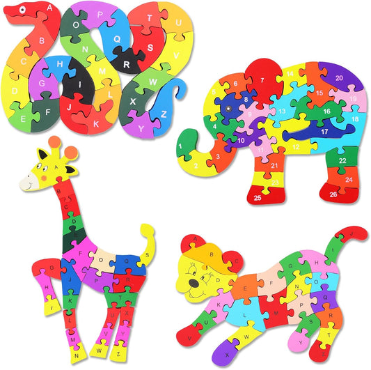 Yunsailing 4 Pcs Alphabet Jigsaw Puzzle Wooden Blocks Toys Alphabet Educational Toddler Puzzle Toys for Preschool Learning Party Favor Gift Learning (Snake, Snail, Duck, Leopard)