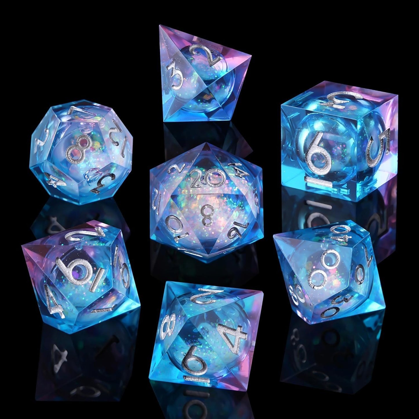 Liquid Core DND Dice Set, 7pcs Sharp Edge Dice for Role Playing Dungeons and Dragons Ttrpg with Gift Box, Handmade Resin D&D Dice RPG Role Playing Games Dice Set(Blue Gold)