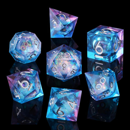 Liquid Core DND Dice Set, 7pcs Sharp Edge Dice for Role Playing Dungeons and Dragons Ttrpg with Gift Box, Handmade Resin D&D Dice RPG Role Playing Games Dice Set(Blue Gold)