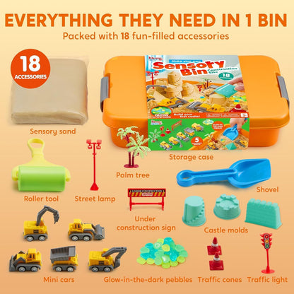 JOVA Klever Kits Dinosaurs Sensory Bin Toys for Toddlers with Glow in The Dark Dinosaurs, Sandbox with Lid Sand, Preschool Learning Activities Gifts for Boys Girls Age 3+