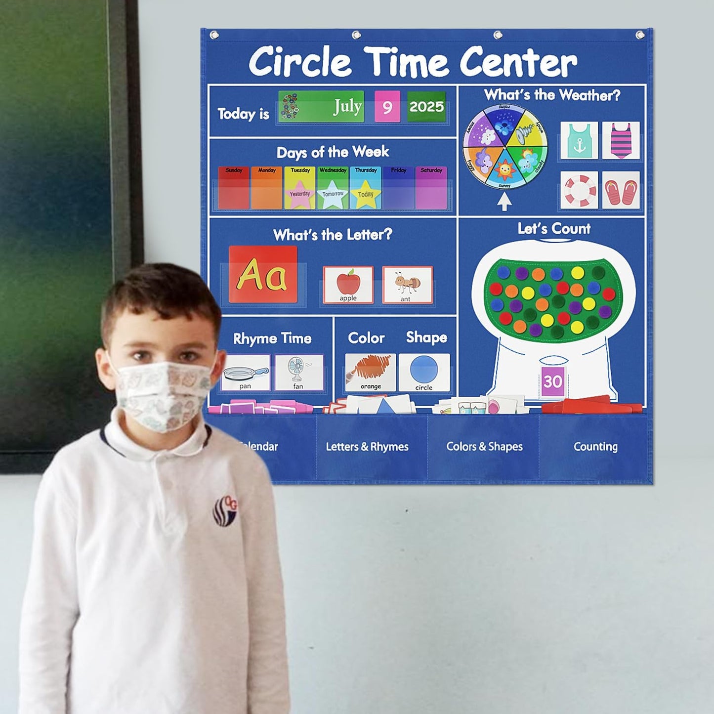 Educational Pocket Chart, 39.76 x 39.76 inches Circle Time Learning Center Pocket Chart Learning Center Classroom Pocket Chart Circle Time Learning Calendar Weather Counting Letter Color Shape