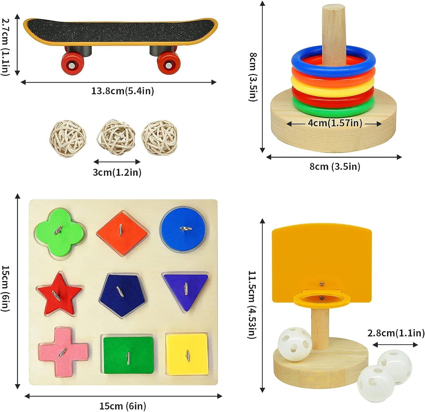 Bird Toys,Parrot Training Toys for Lovebird,Five-Types Parakeet Toys Sets for Conure, Cockatiel,12 PCS Parrot Intelligence Toy,Basketball Hoop,Skateboard,Stacking Toys,Wooden Block Bird Puzzles Toy