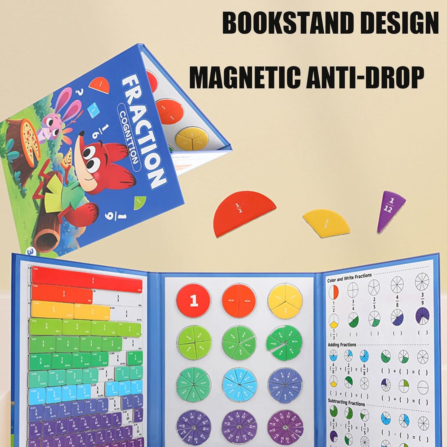 Magnetic Fraction Demenstration Book, Magnetic Fraction Educational Puzzle, Magnetic Fraction Tiles and Circles, Elementary Fraction Manipulatives, Montessori Math Teaching Aid for Kids (3 FOLD)